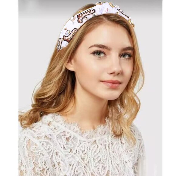 Western Cowgirl Headband Beaded Rhinestone Pearl Top Knot for Country Concert